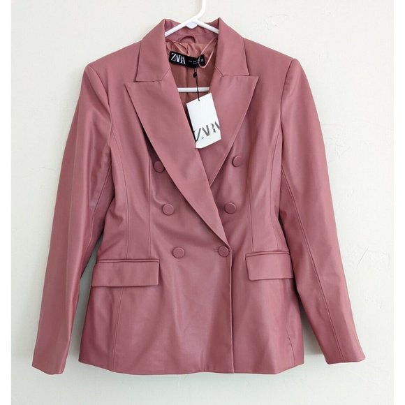 ZARA NEW WOMAN FAUX LEATHER DOUBLE-BREASTED BLAZER JACKET PINK MARSALA M,L - Picture 6 of 9